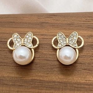 NEW Rhinestone and Pearl Mouse Stud s925 Gold Tone Earrings